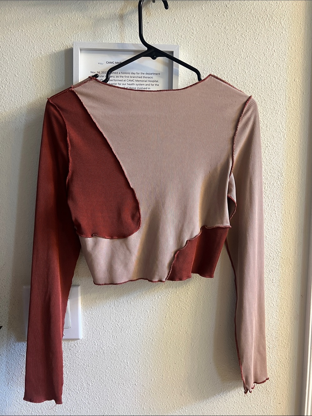 Rust & Beige Ribbed Patchwork Long-Sleeve Crop Top - Picture 2 of 2